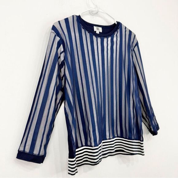 YAL NY Navy Blue White Mesh Overlay Striped Knit Nautical Pullover Top - Picture 2 of 16